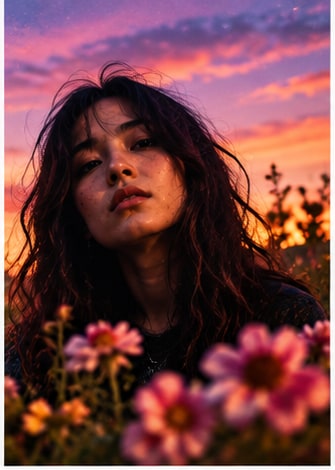 Radie Peat with dark wavy hair looking contemplative against dramatic pink dusk sky and autumn wildflowers.