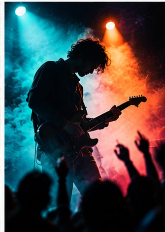 Guitarist playing live on stage amidst cyan and amber spotlights, fog, and cheering festival crowd.
