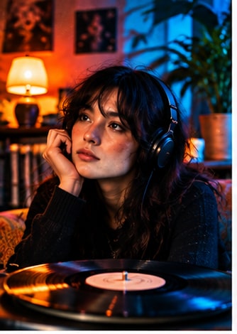 Soccer Mommy Sophie Allison resting chin on hand with headphones beside vinyl turntable in intimate studio.