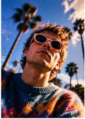 Dream-pop musician portrait in sunglasses against palm trees and blue sky for Soft Palms Paradiso show.