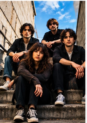 Seattle five-piece indie rock outfit Spiral XP seated on concrete steps outside in casual streetwear.