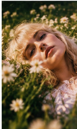 Blonde singer-songwriter Starling lying peacefully in a meadow of fresh white wildflowers.