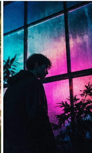 Electronic producer looking through window into glowing magenta and cyan club lighting.