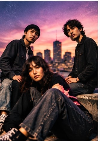 Trio of indie musicians gazing across panoramic city skyline at dusk for today's five essential discoveries.