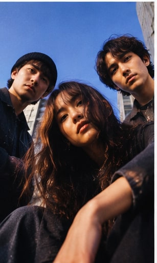 Los Angeles alternative trio untitled (halo) looking down into the camera from urban staircase.