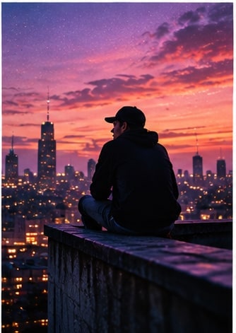 Contemplative figure seated on high rooftop surveying illuminated city lights and evening sunset.