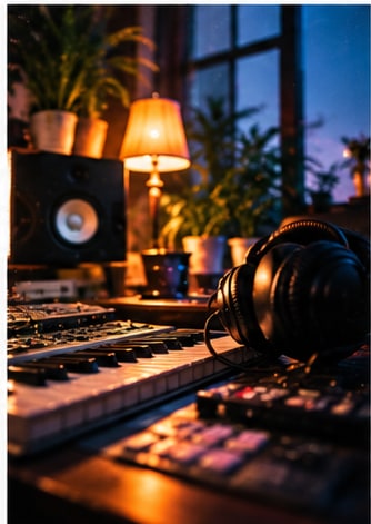 Electronic music workstation with synthesizer keyboard, headphones, and studio monitors for Actress' Radical Frame.