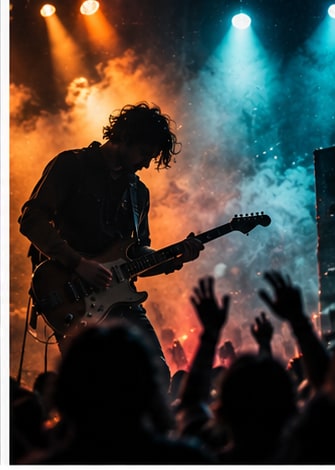 Electric guitarist playing a rock performance with smoke and stage lighting during the Pylon tour.