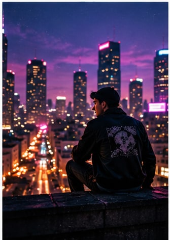 Nocturnal city rooftop silhouette overlooking glowing urban towers for darkwave duo Boy Harsher.