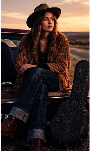 Australian Americana artist Chloe Marks in a suede fringe jacket and hat beside a guitar case on the road.