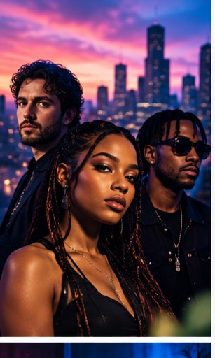 Clean Bandit trio with Chlöe and Omah Lay in front of twilight urban skyline.