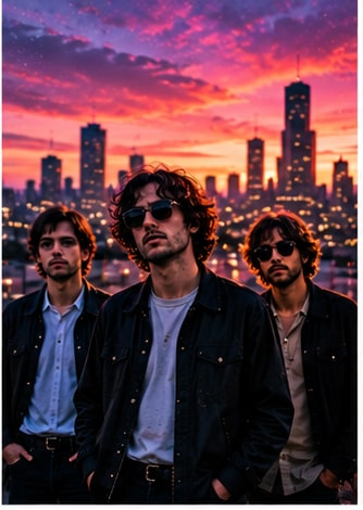 Manchester indie-rock quartet Corella standing at sunset before a twilight city skyline.