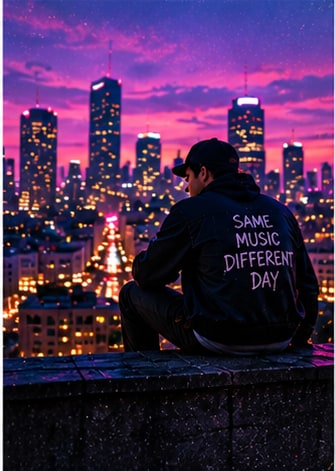 Urban punk on rooftop surveying Tokyo night lights with jacket reading Same Music Different Day.
