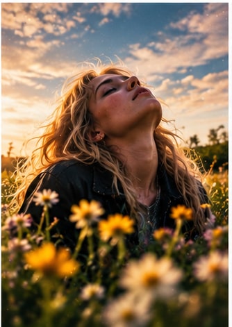 Swedish songwriter Clara Rudelius of de clair resting peacefully in a meadow of blooming summer daisies.