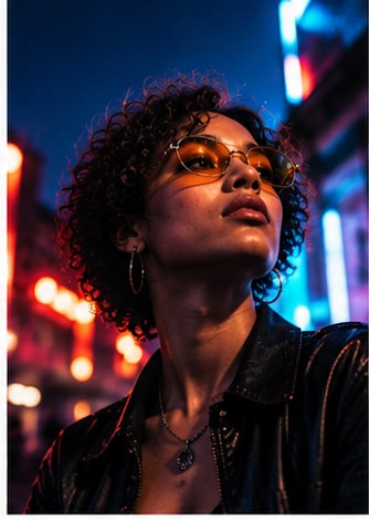 Empress Of in round glasses and leather jacket glowing under vibrant city neon lights.