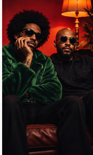 Gnarls Barkley duo in sunglasses and retro green jacket in a stylish lounge announcing their comeback tour.