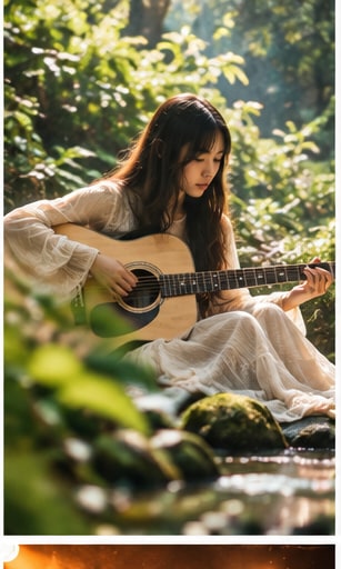 Ichiko Aoba in an ethereal white gown playing acoustic guitar beside a tranquil forest stream.