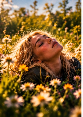 Singer-songwriter relaxing in a sunlit field of flowers during Florida's Island Hopper Songwriter Fest.