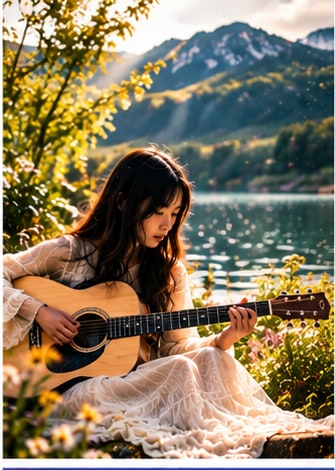 Perth songwriter Jade Rich in white gown playing acoustic guitar beside a scenic mountain lake.