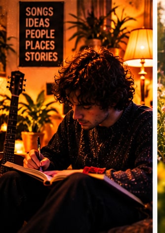Songwriter Kristin Hersh writing personal reflections beside an acoustic guitar in warm lamplight.