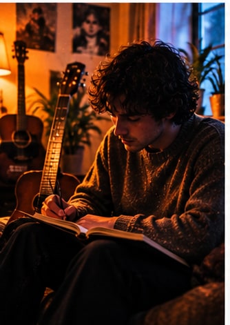 Songwriter Matt Berninger writing lyrics in a journal next to an acoustic guitar in a cozy room.