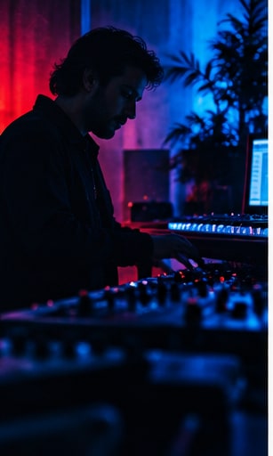 Electronic musician Peter Ehrling of Me & Melancholy crafting darkwave synth music at his studio console.