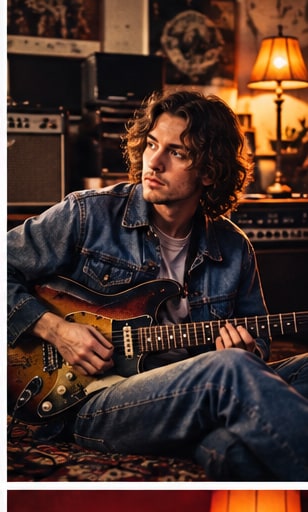 Multi-instrumentalist Noah James Mass in denim playing electric guitar in a warm home studio.
