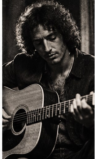 Cult singer-songwriter Robert Lester Folsom playing acoustic guitar in a classic black-and-white portrait.