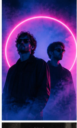 Synth-pop outfit The Strike silhouetted in sunglasses against a vibrant pink and blue neon ring.