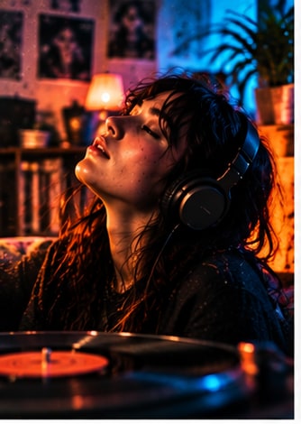 Listener immersed in headphones experiencing rich spatial electronic soundscapes in warm ambient lighting.