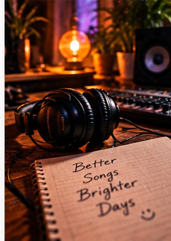 Curator's desk with notepad reading Better Songs Brighter Days, MIDI controller, and headphones.