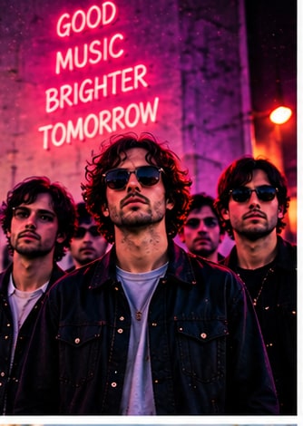 Indie band gathered in front of neon sign Good Music Brighter Tomorrow for today's release breakdown.
