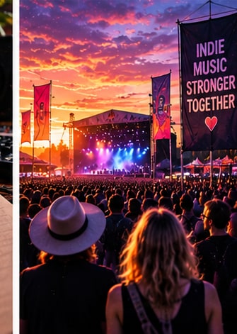 Crowd watching festival stage with banner Indie Music Stronger Together at XPoNential Music Festival in Philadelphia.