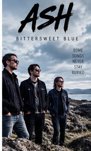 Northern Irish rock trio Ash standing along a rugged coastal rock ledge overlooking the ocean.