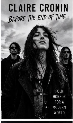 Claire Cronin in black and white with her band looking resolute under dramatic cloudy skies.
