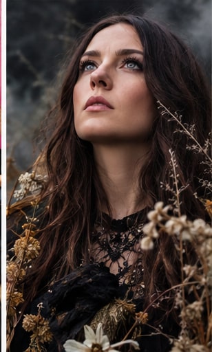 Claire Cronin in a dark lace garment looking upwards amid dried mountain wildflowers.