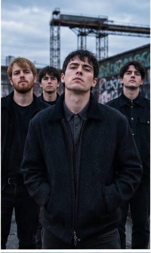 Declan Welsh and The Decadent West standing resolute before an industrial shipyard in Glasgow.
