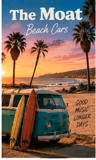 Vintage turquoise camper van with surfboards parked along a scenic coastal Australian highway at dusk.
