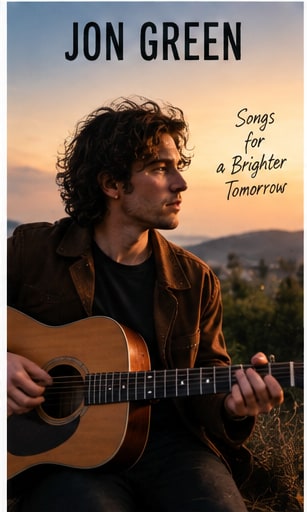 Acoustic roots singer-songwriter with guitar bathed in warm sunset on a hillside.