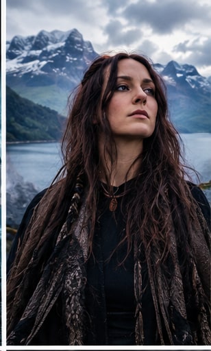 Kalandra vocalist in traditional dark Nordic drapery overlooking a misty glacial fjord.