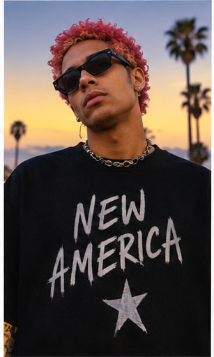 KennyHoopla sporting pink hair and sunglasses in a black NEW AMERICA crewneck against sunset palms.
