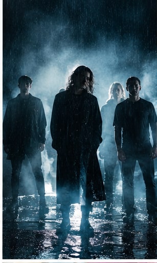 Love Is Noise band members standing in drenching rainfall and atmospheric backlight.
