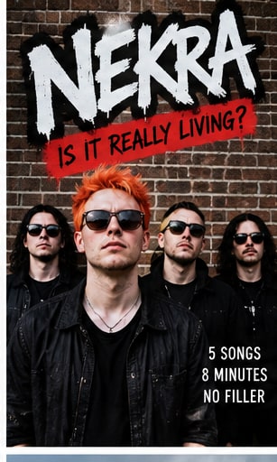 Nekra punk band members in black leather and sunglasses in front of an urban brick wall with IS IT REALLY LIVING typography.
