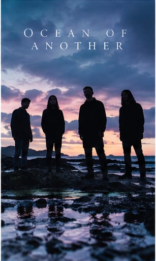 Ocean of Another four members silhouetted against a dramatic purple twilight sky on rocky shoreline.