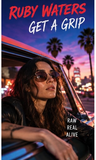 Ruby Waters wearing sunglasses and leather jacket looking outward from a vintage convertible at neon dusk.