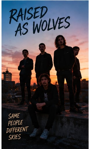 Full roots-rock band of five musicians standing on a rooftop under a dramatic sunset sky.