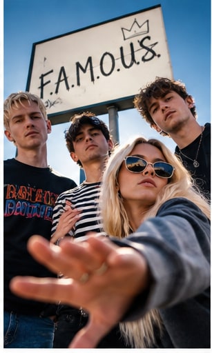 South Arcade band members gathered in front of a white rooftop sign reading F.A.M.O.U.S.