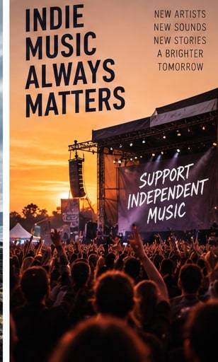 Vibrant festival crowd with hands raised at sunset facing a large stage with banner SUPPORT INDEPENDENT MUSIC.