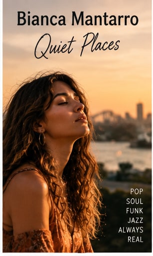Portrait of woman bathed in warm sunset glow with Sydney Harbour waters and skyline behind her.