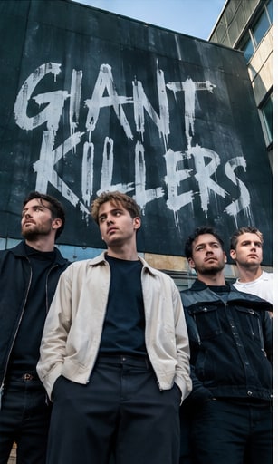 Waterlines band members standing in front of concrete building with GIANT KILLERS typography.